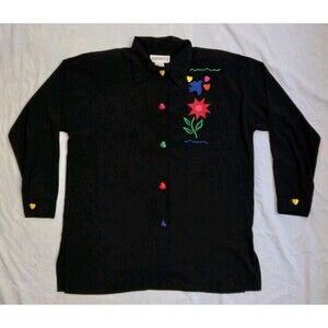 Vtg Peter Popovitch Blouse Black Heart Buttons Artsy Wearable Art Womens Large
